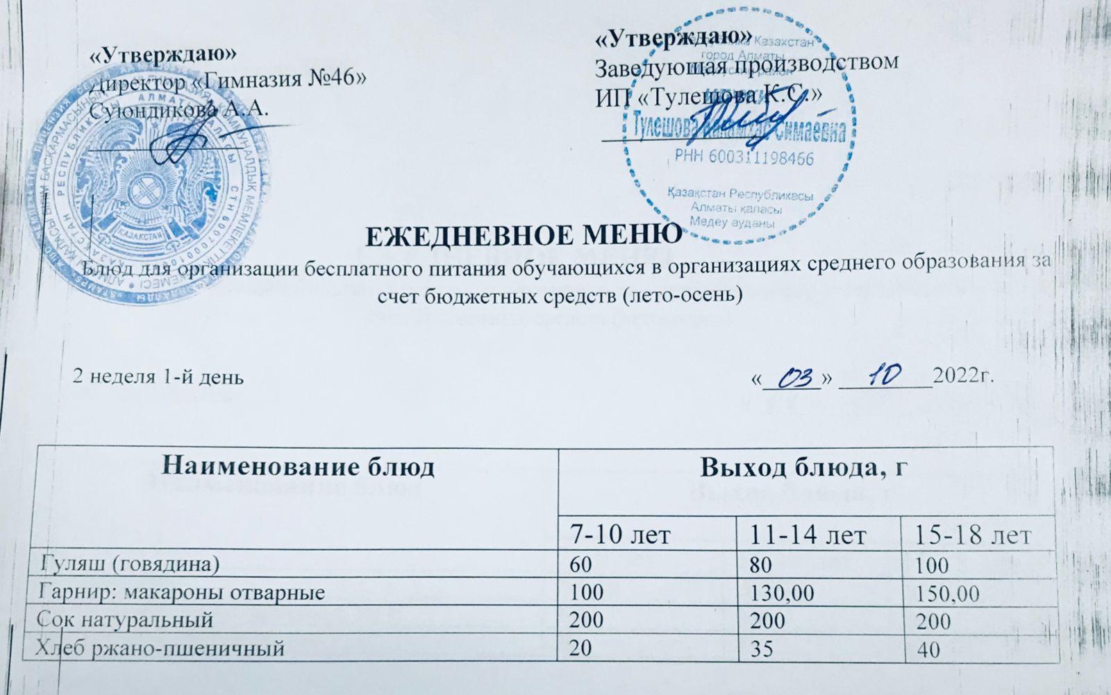 Ас мәзірі  03.10.2022ж.   Меню на 03.10.2022г.