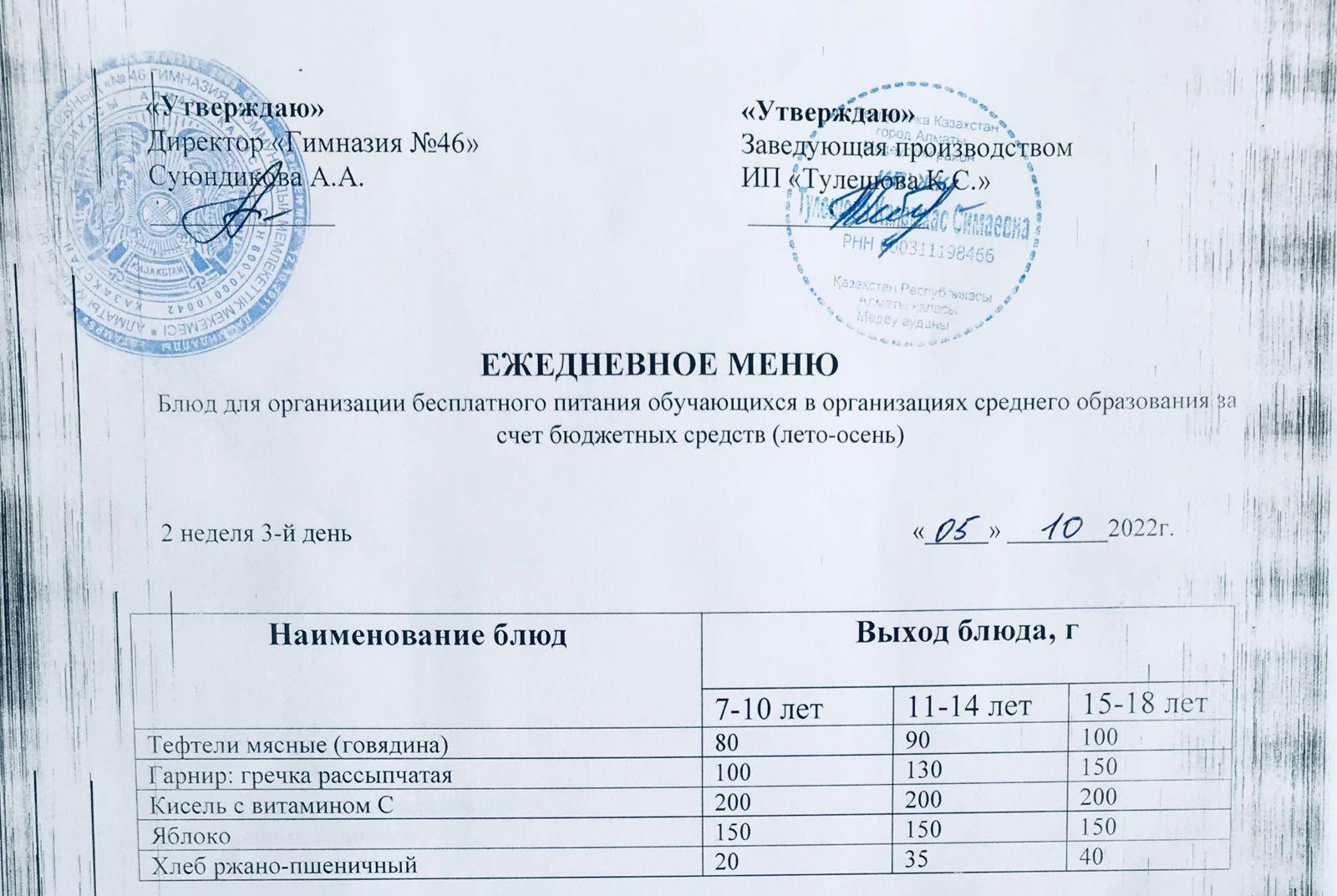 Ас мәзірі 05.10.2022ж.   Меню на 05.10.2022г.