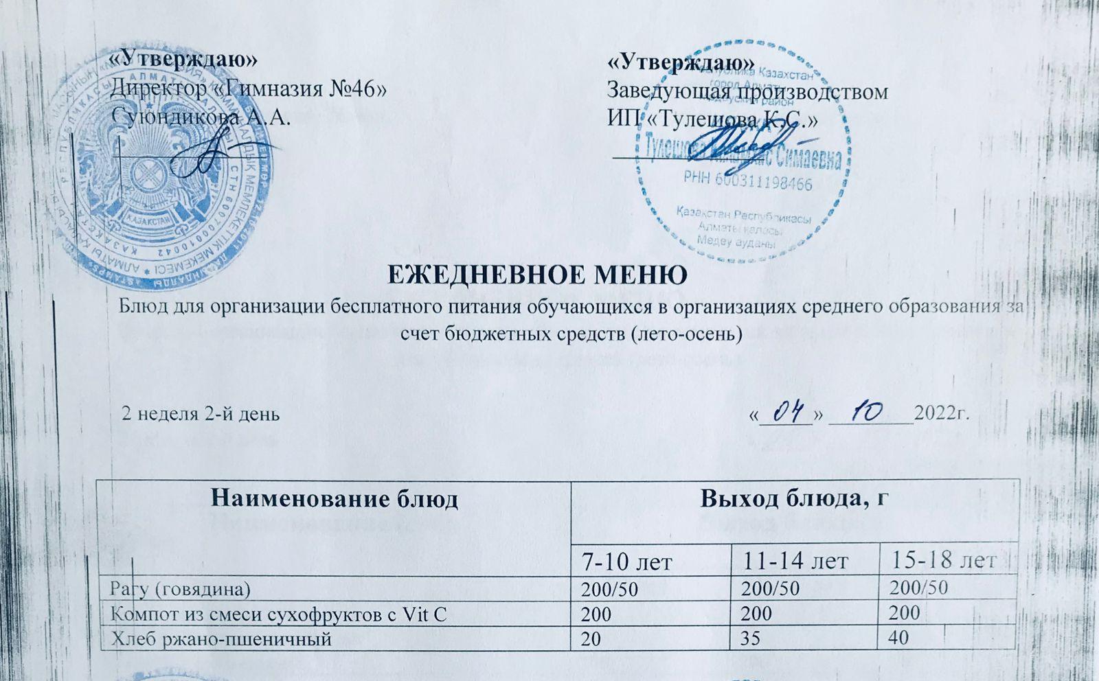 Ас мәзірі 04.10.2022ж.   Меню на 04.10.2022г.