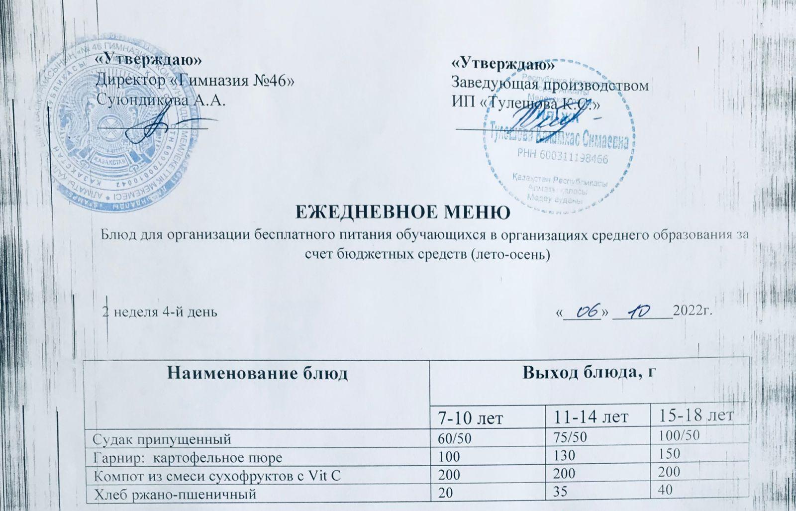 Ас мәзірі 06.10.2022ж.     Меню на 06.10.2022г.