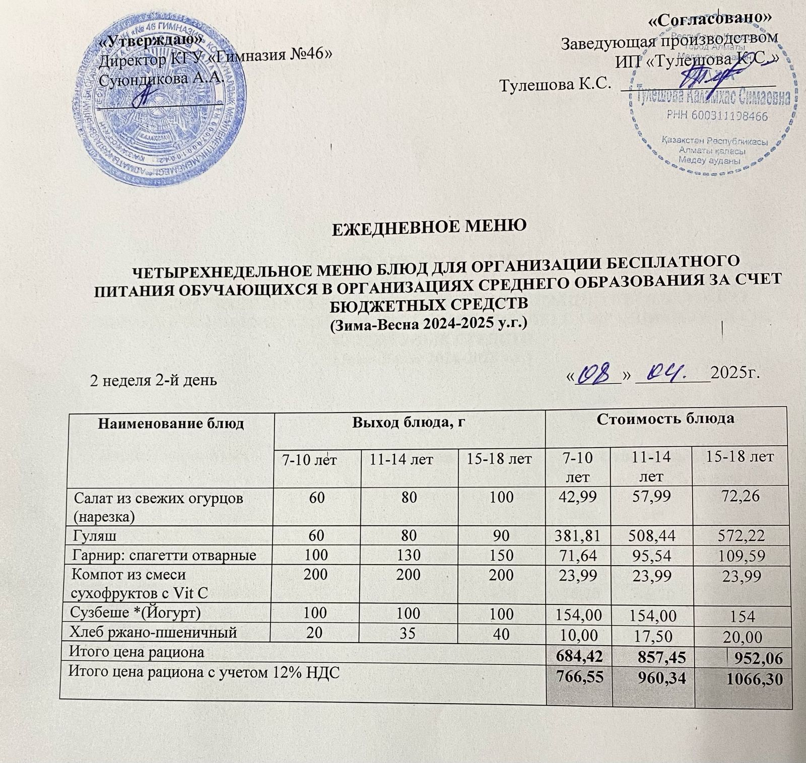 Ас мәзір 08.04.2025 ж. Меню 08.04.2025 г.