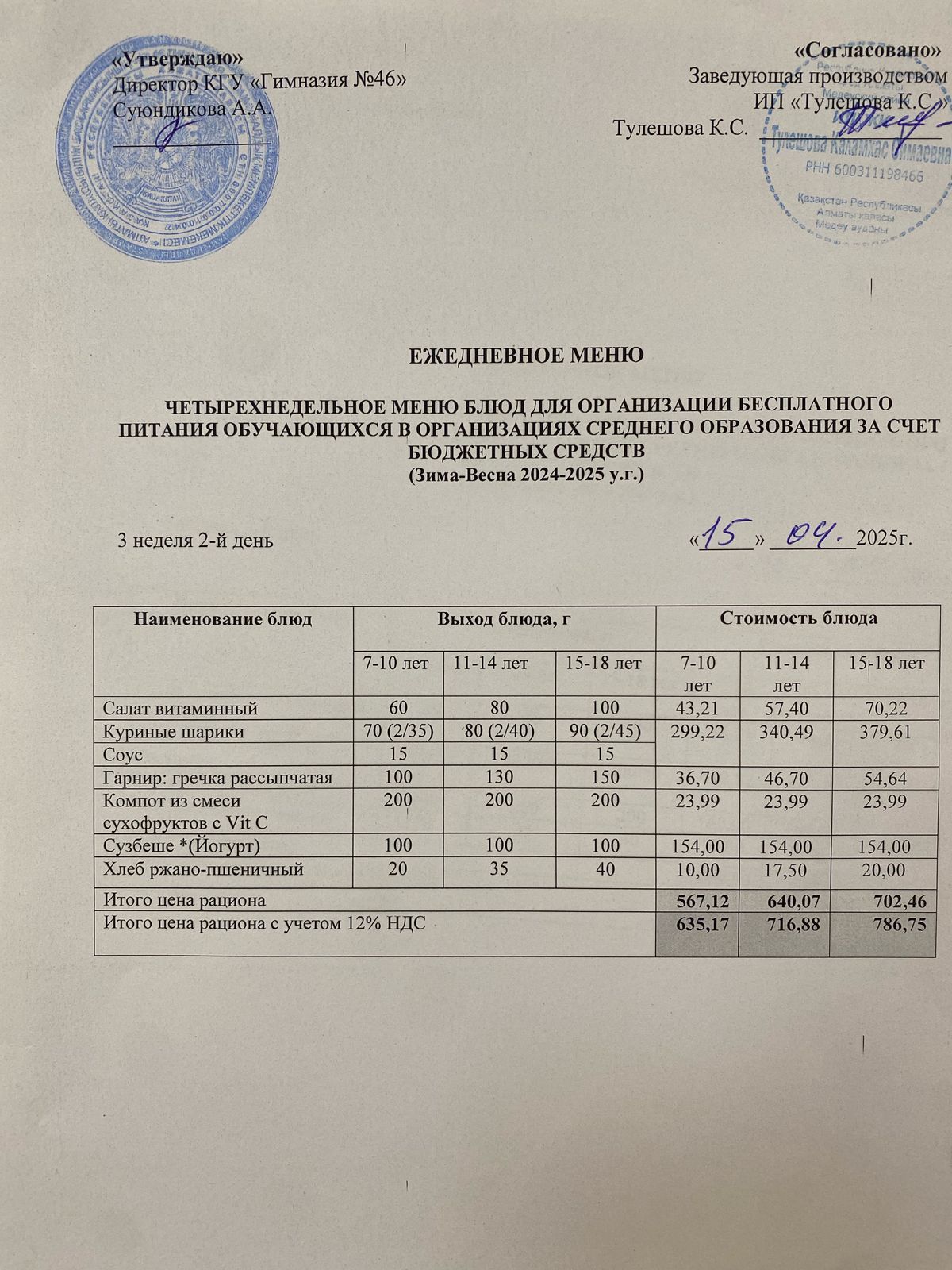 Ас мәзір 15.04.2025 ж. Меню 15.04.2025 г.