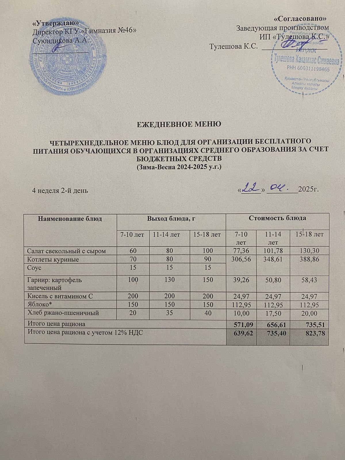 Ас мәзір 22.04.2025 ж. Меню 22.04.2025 г.