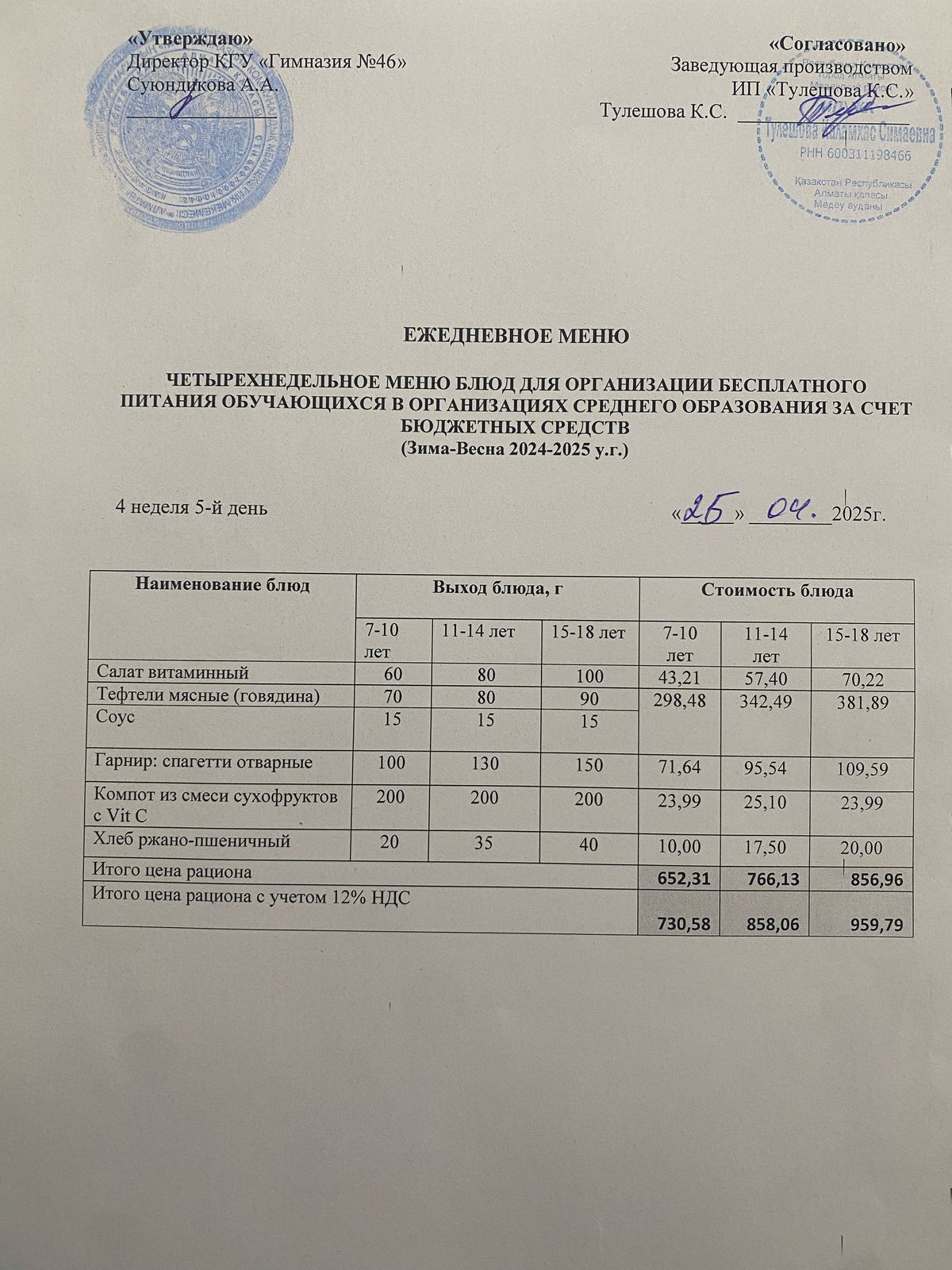 Ас мәзір 25.04.2025 ж. Меню 25.04.2025 г.
