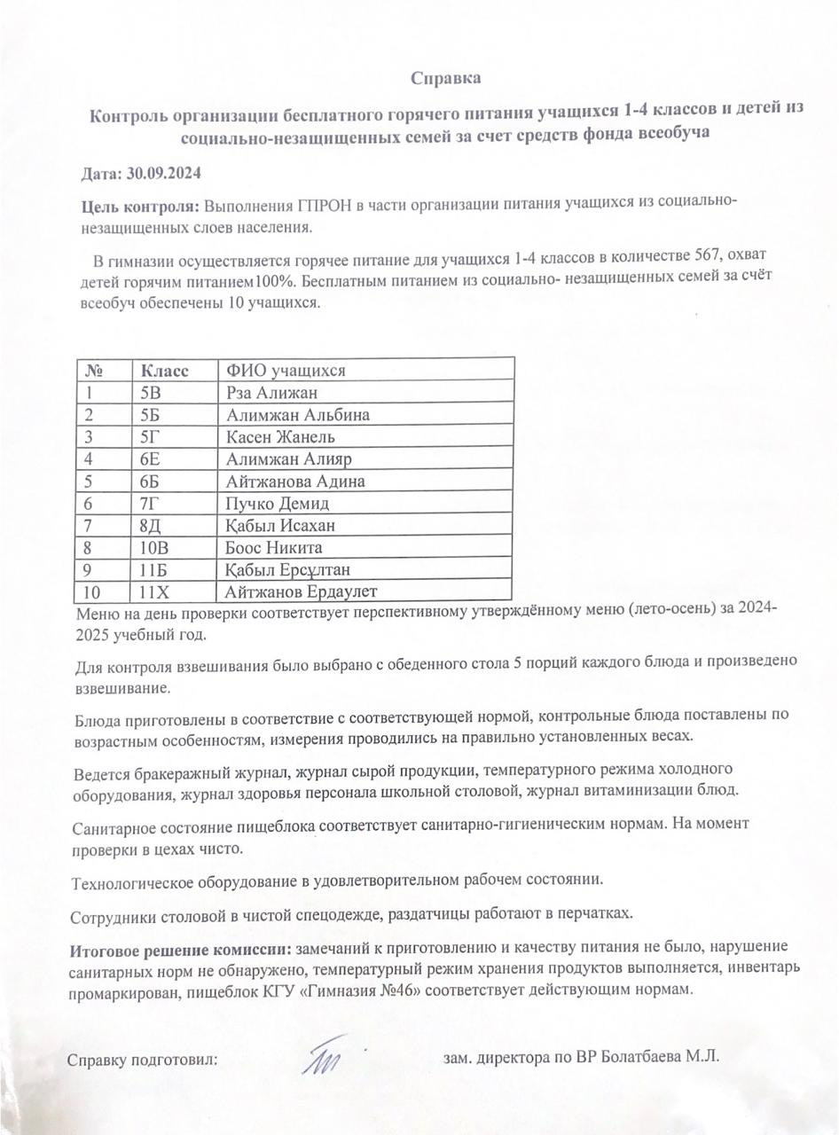 АКТ бракеражной комиссии по итогам проверки организации горячего