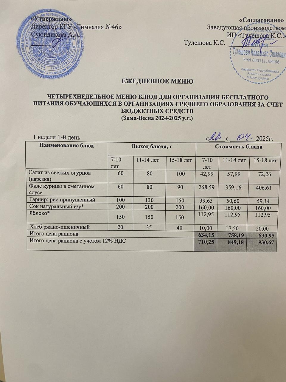 Ас мәзір 28.04.2025 ж. Меню 28.04.2025 г.