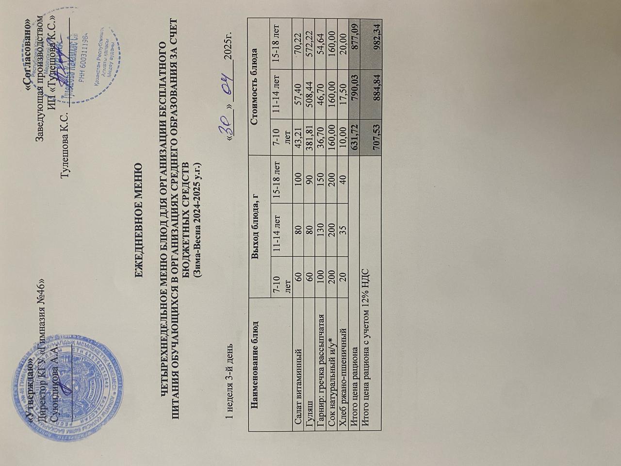 Ас мәзір 30.04.2025 ж. Меню 30.04.2025 г.