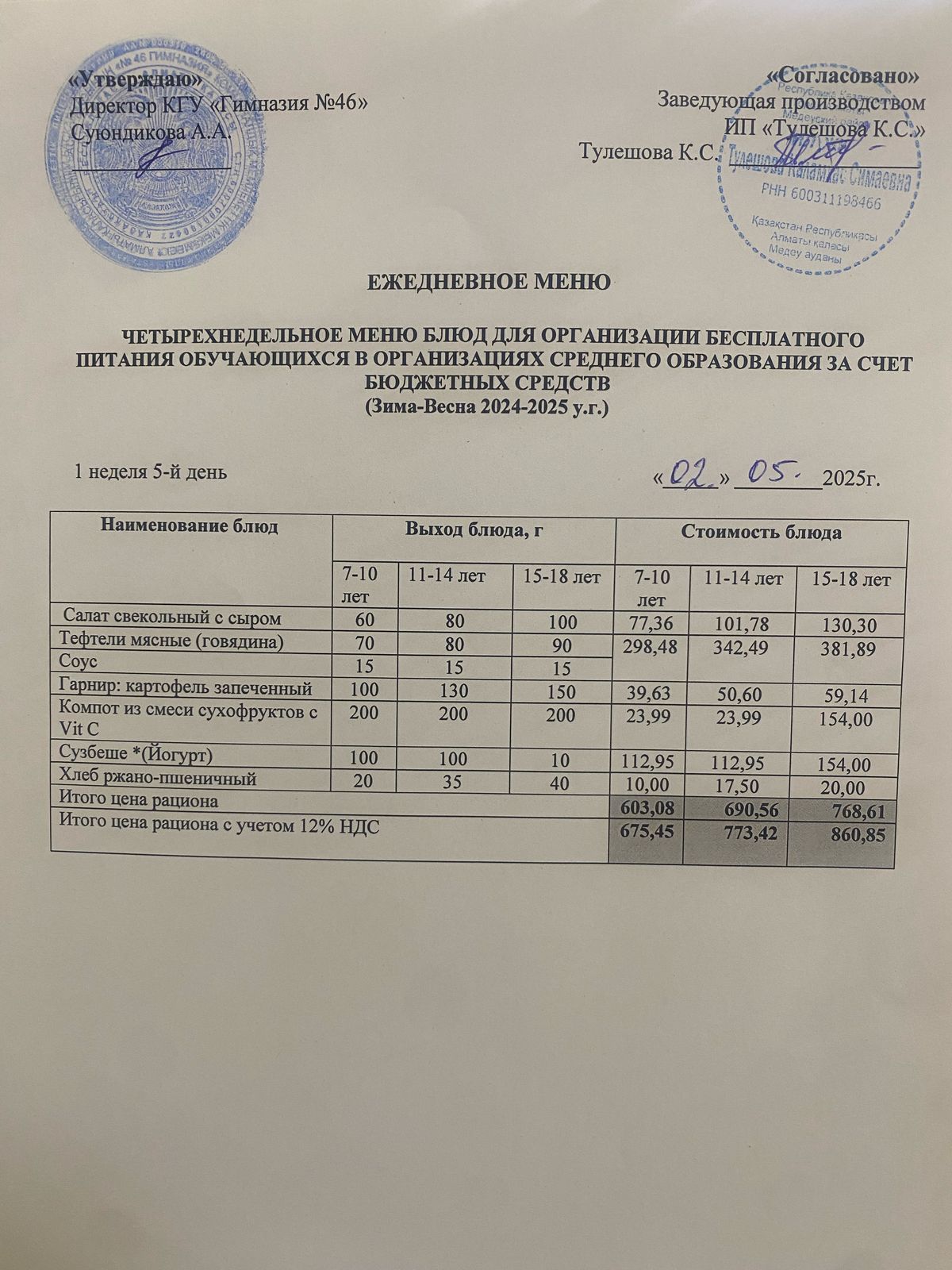 Ас мәзір 02.05.2025 ж. Меню 02.05.2025 г.