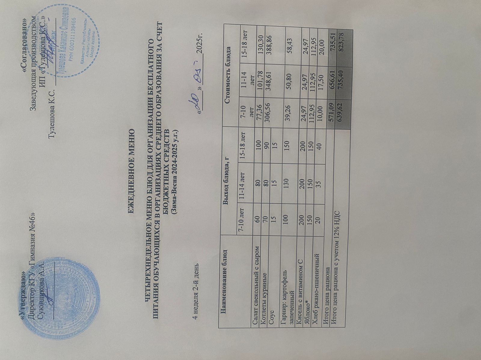 Ас мәзір 20.05.2025 ж. Меню 20.05.2025 г.