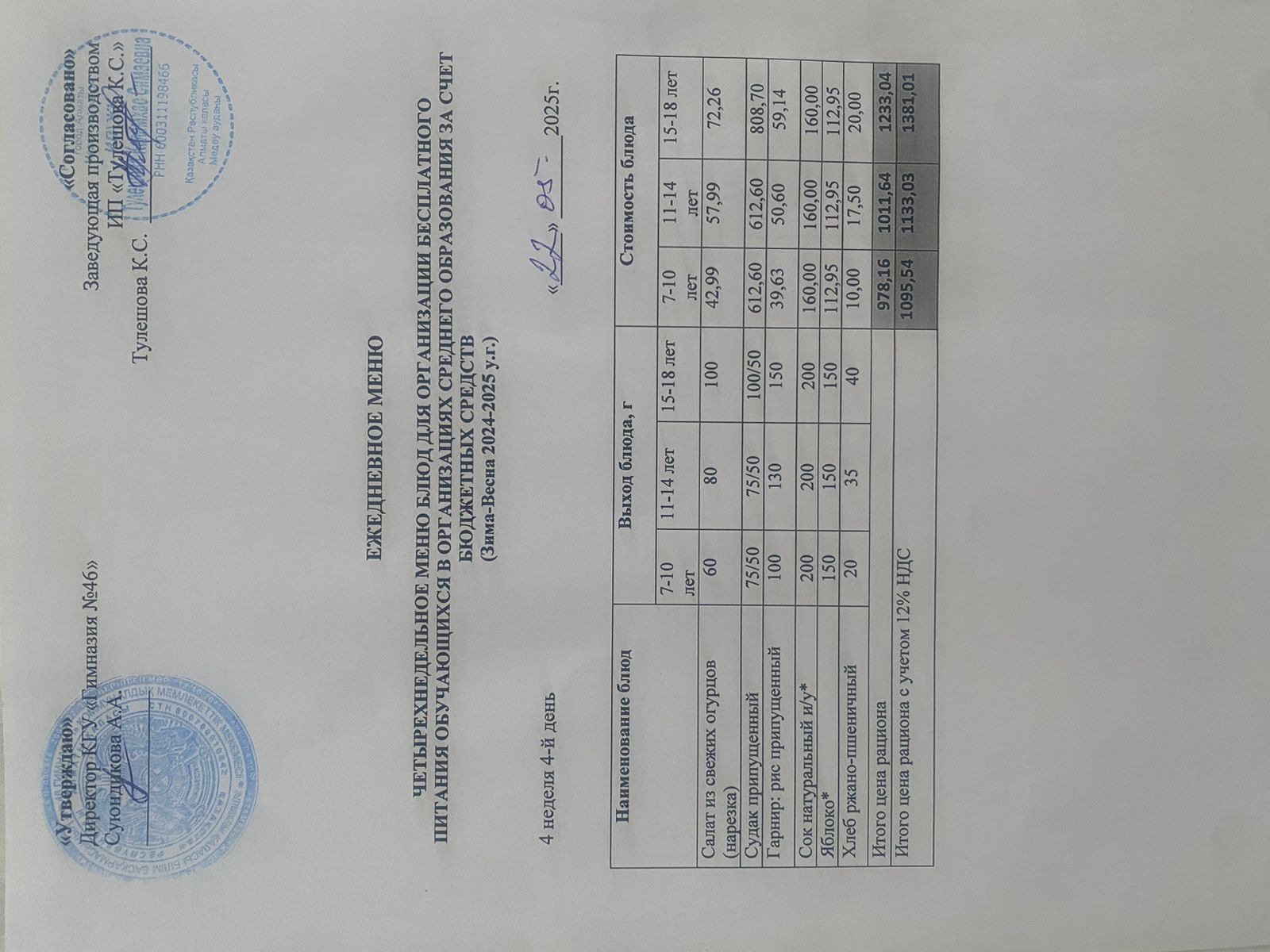 Ас мәзір 22.05.2025 ж. Меню 22.05.2025 г.