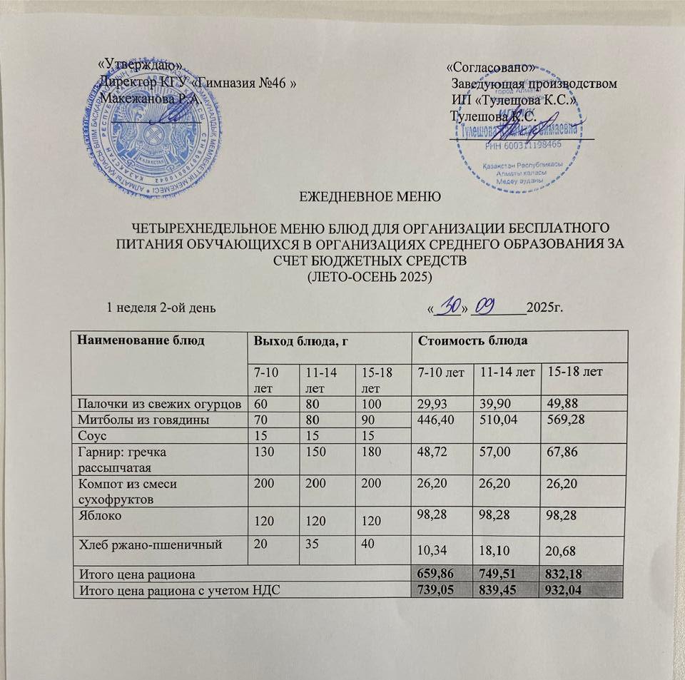 Меню 30.09.2025г