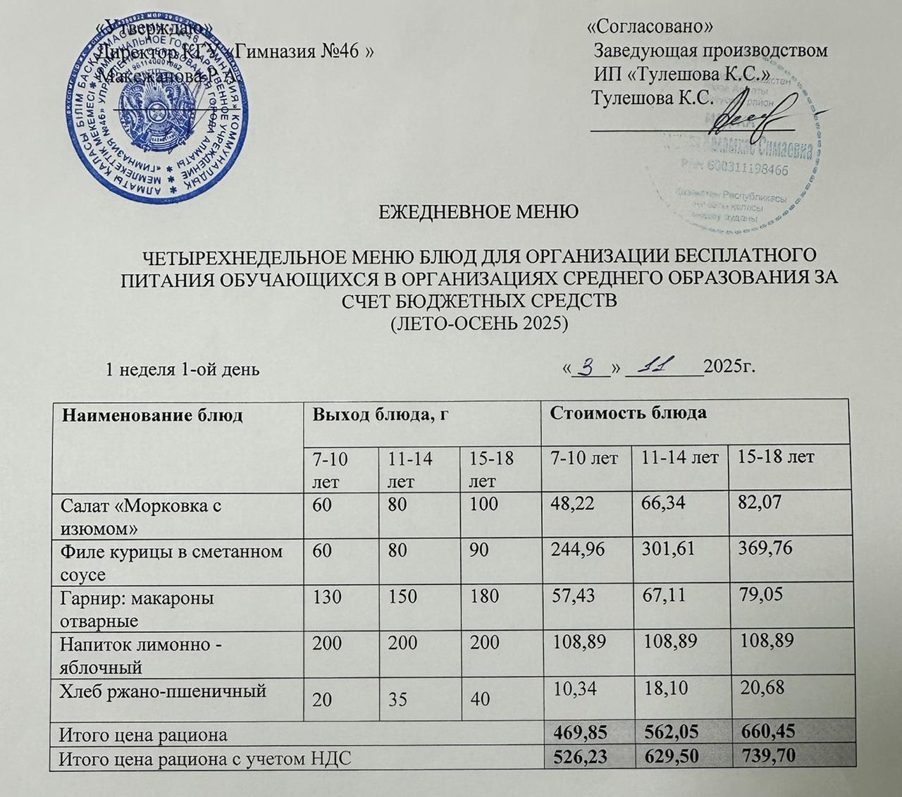 Меню 03.11.2025г